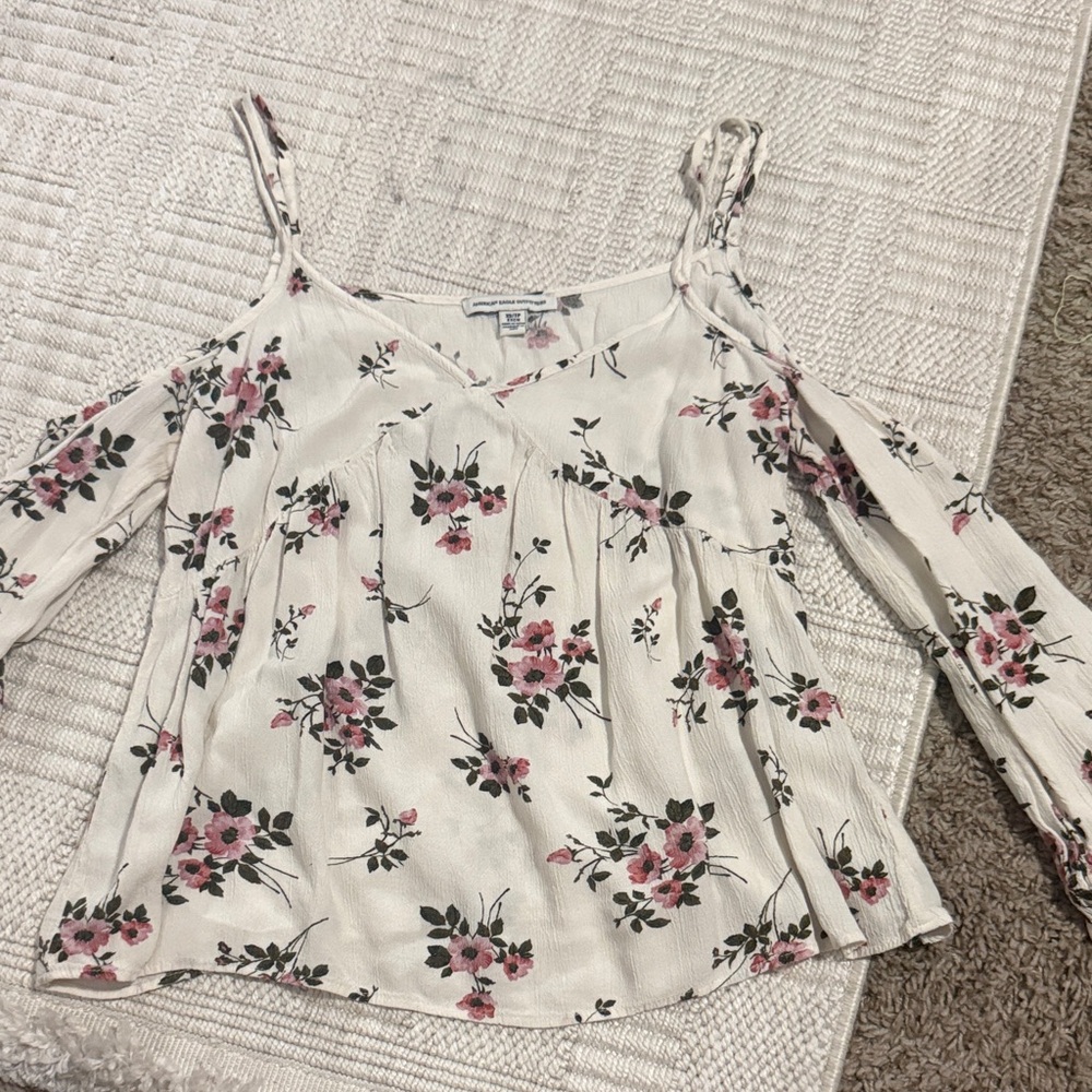 American Eagle Outfitters Cream Cold-Shoulder Floral Camisole with Pink Roses